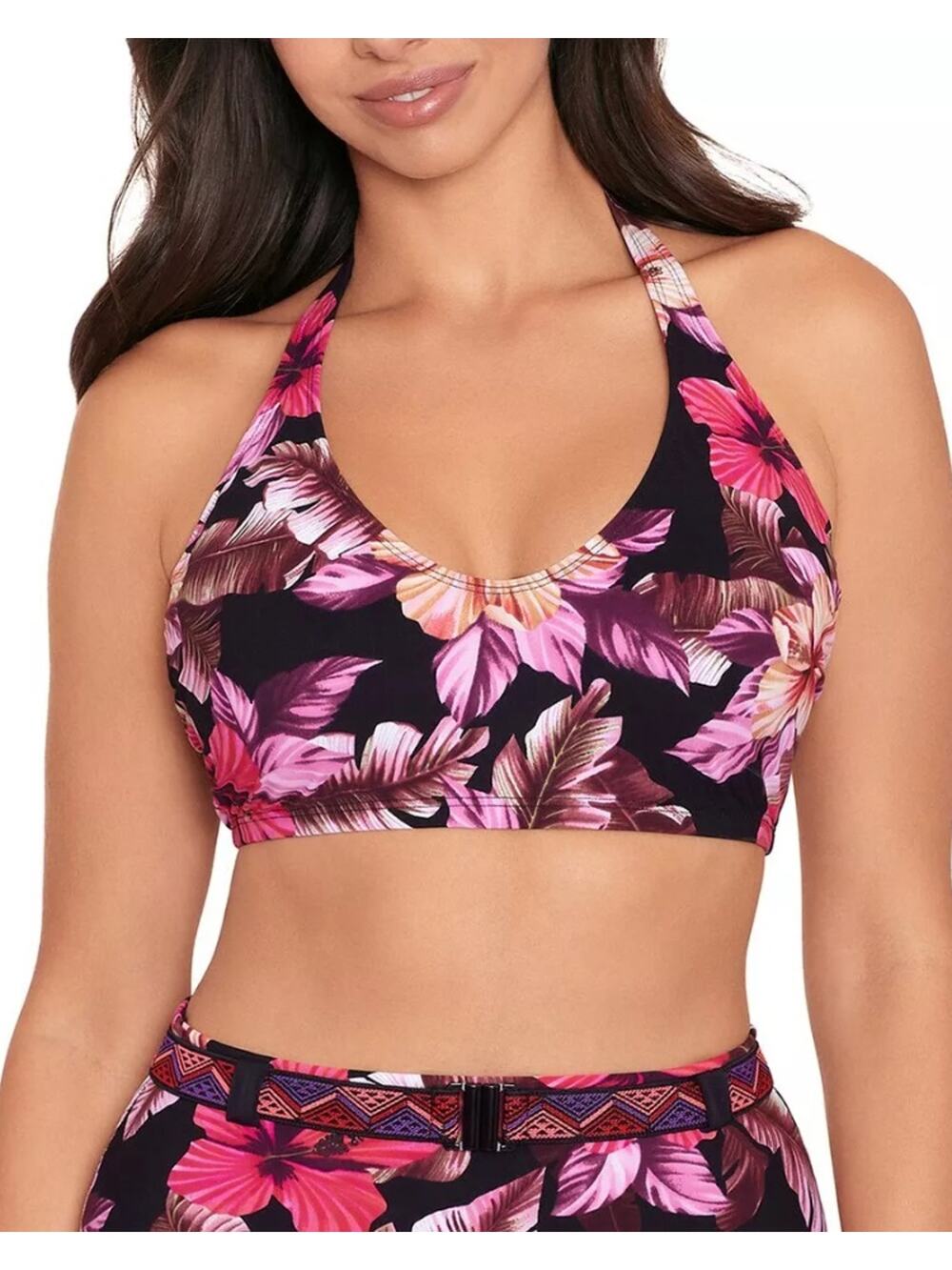 Skinny Dippers Women Purple Floral Halter Neck Underwire Swim Bikini Top Size S